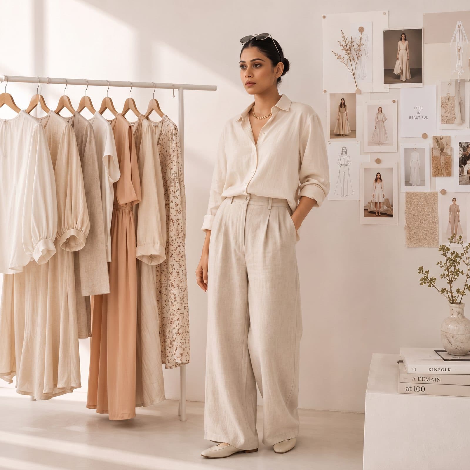 A designer in a cream shirt and wide-leg trousers standing beside a rack of pastel-toned garments, with fashion sketches, moodboard photos and fabric swatches pinned to the wall behind her.