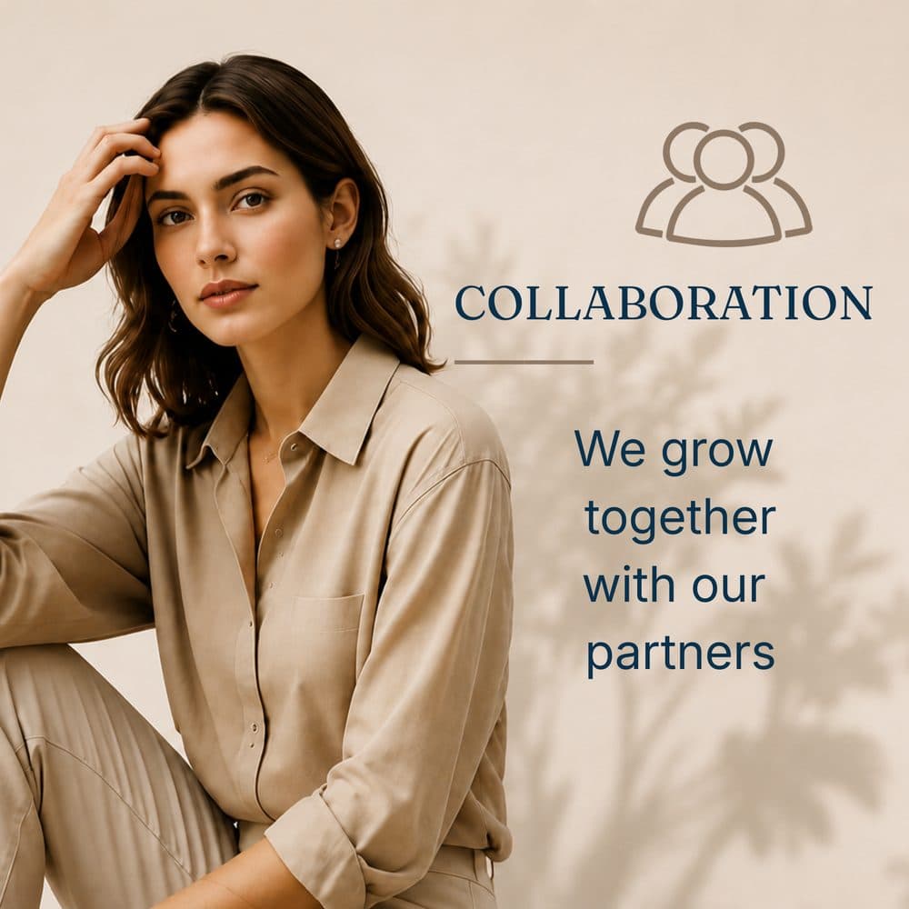 Collaboration: We grow together with our partners. Woman in a beige shirt seated with her hand in her hair against a plain wall with soft leaf-shadow patterning and a line-drawn two-people icon.