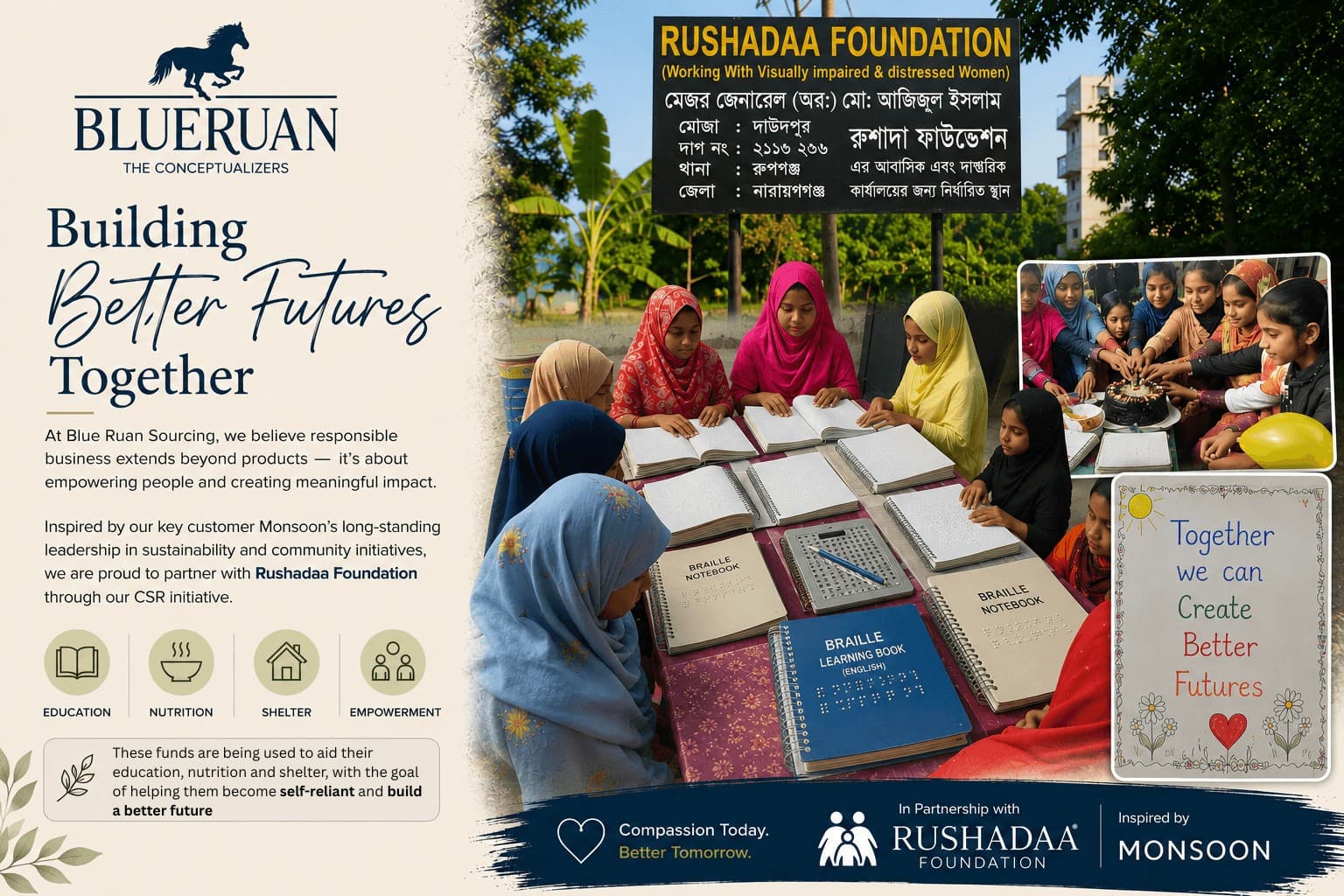 Building Better Futures Together - Blue Ruan's CSR initiative, in partnership with Rushadaa Foundation and inspired by Monsoon. Describes funding education, nutrition, shelter and empowerment for visually impaired and distressed women, with photos of women learning Braille at a Rushadaa Foundation center.