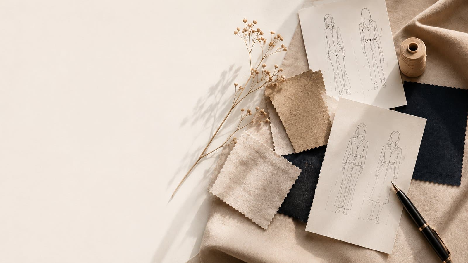 Dried flower branch, fashion sketches, fabric swatches and a spool of thread arranged on a plain work surface.