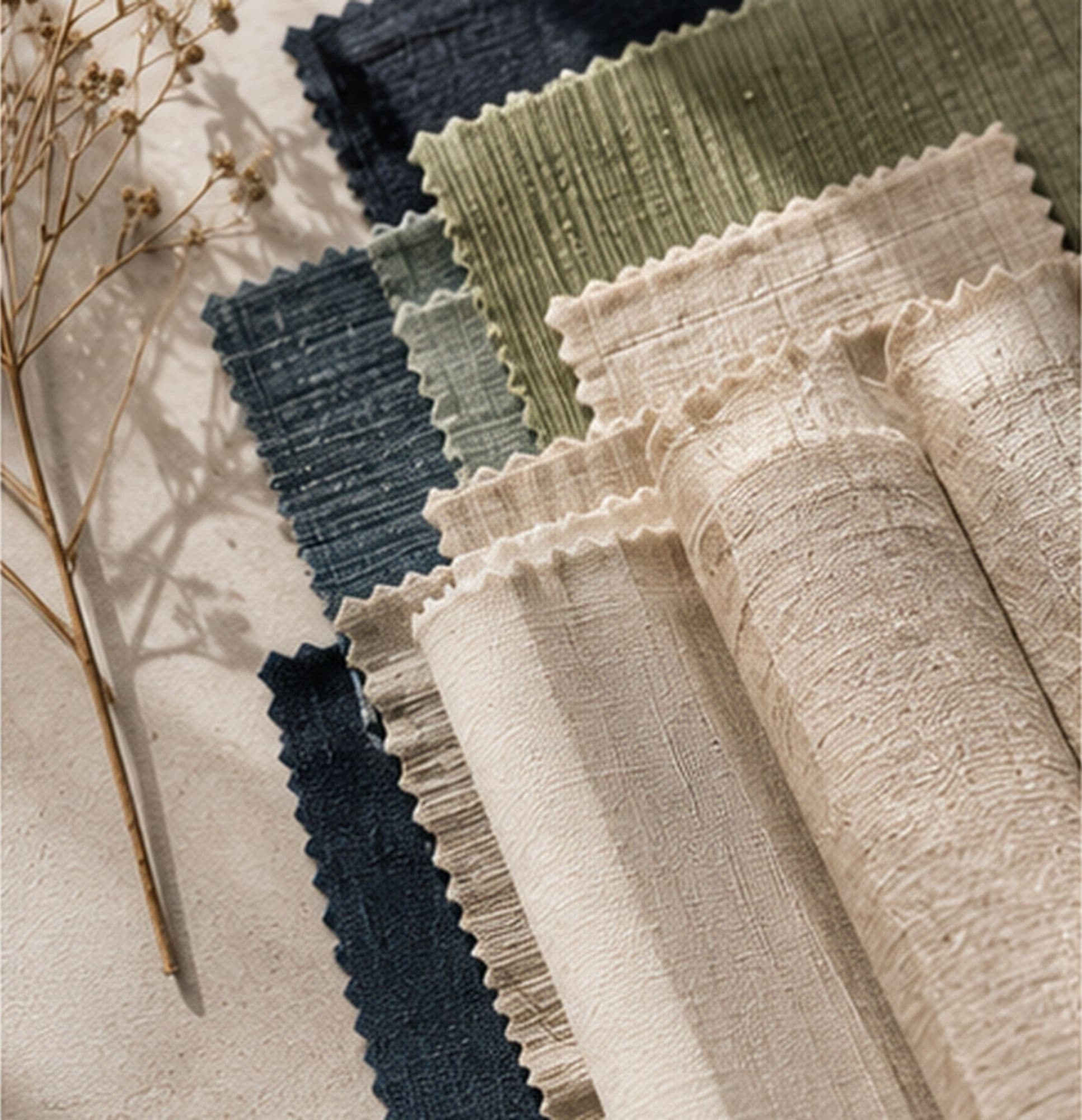 Folded fabric swatches in navy, sage green and beige tones with a dried floral sprig alongside.
