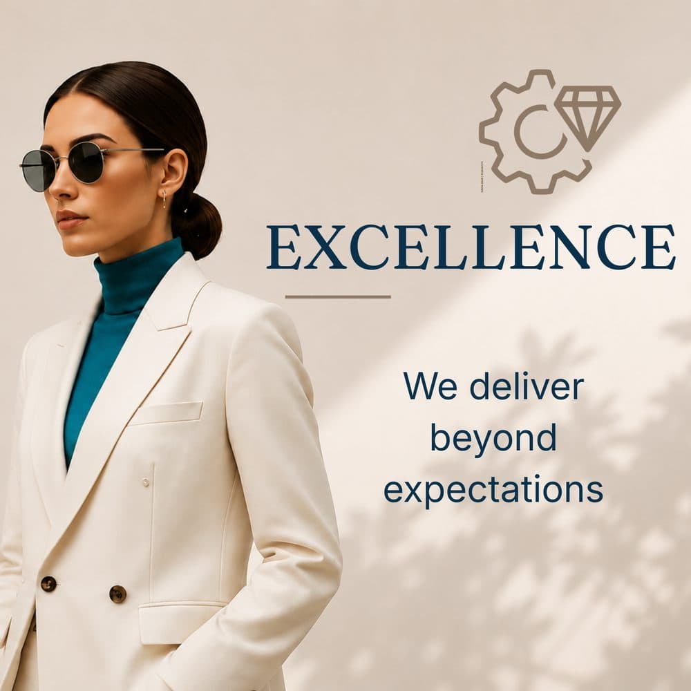 Excellence: We deliver beyond expectations. Woman in sunglasses and a cream blazer with a teal top, standing against a sunlit wall with soft leaf-shadow patterning and a line-drawn star icon.