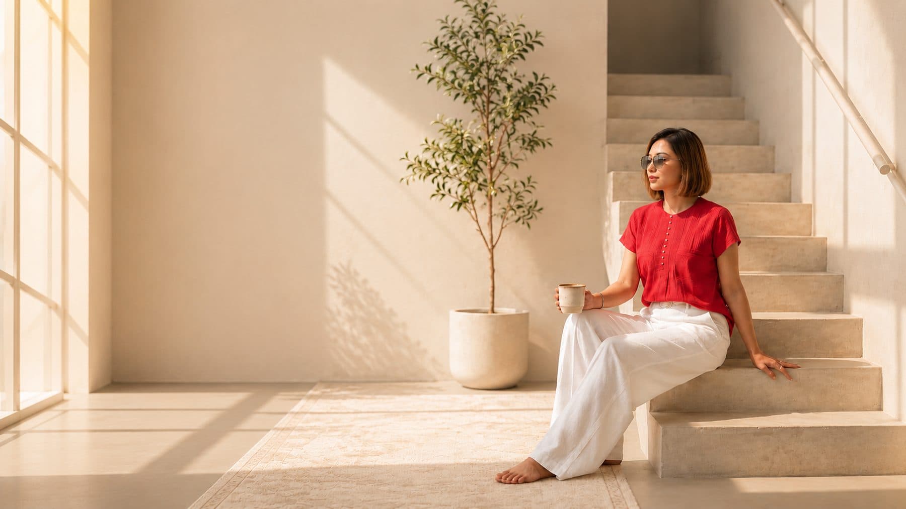 Woman in a red blouse and white wide-leg trousers seated on a sunlit staircase, holding a ceramic mug, with a potted olive tree against a plain wall beside her.