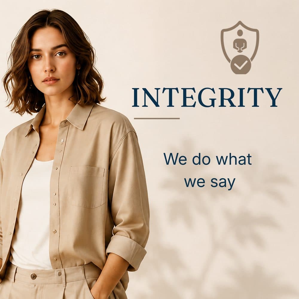 Integrity: We do what we say. Woman in a beige shirt jacket standing against a plain wall with soft leaf-shadow patterning and a line-drawn shield icon.