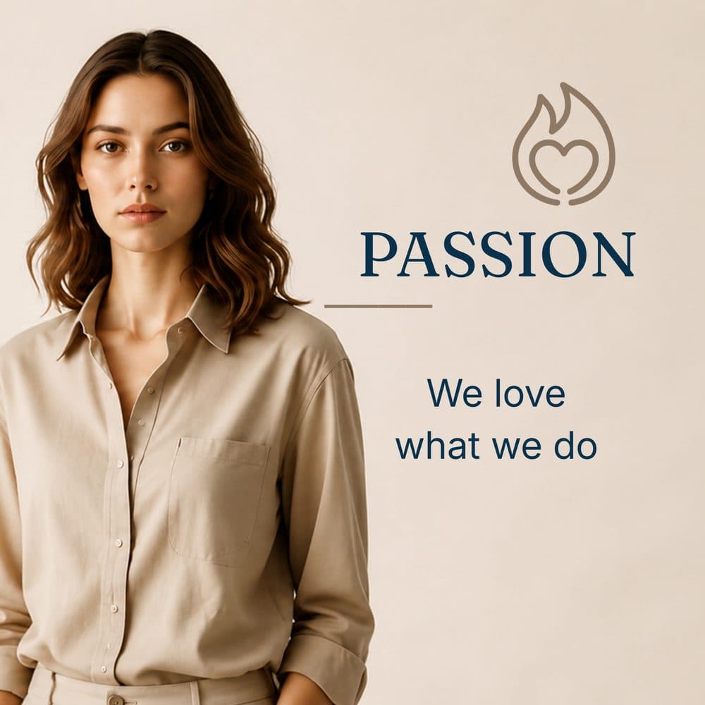 Passion: We love what we do. Woman in a beige button-up shirt standing against a plain wall with a line-drawn heart icon.