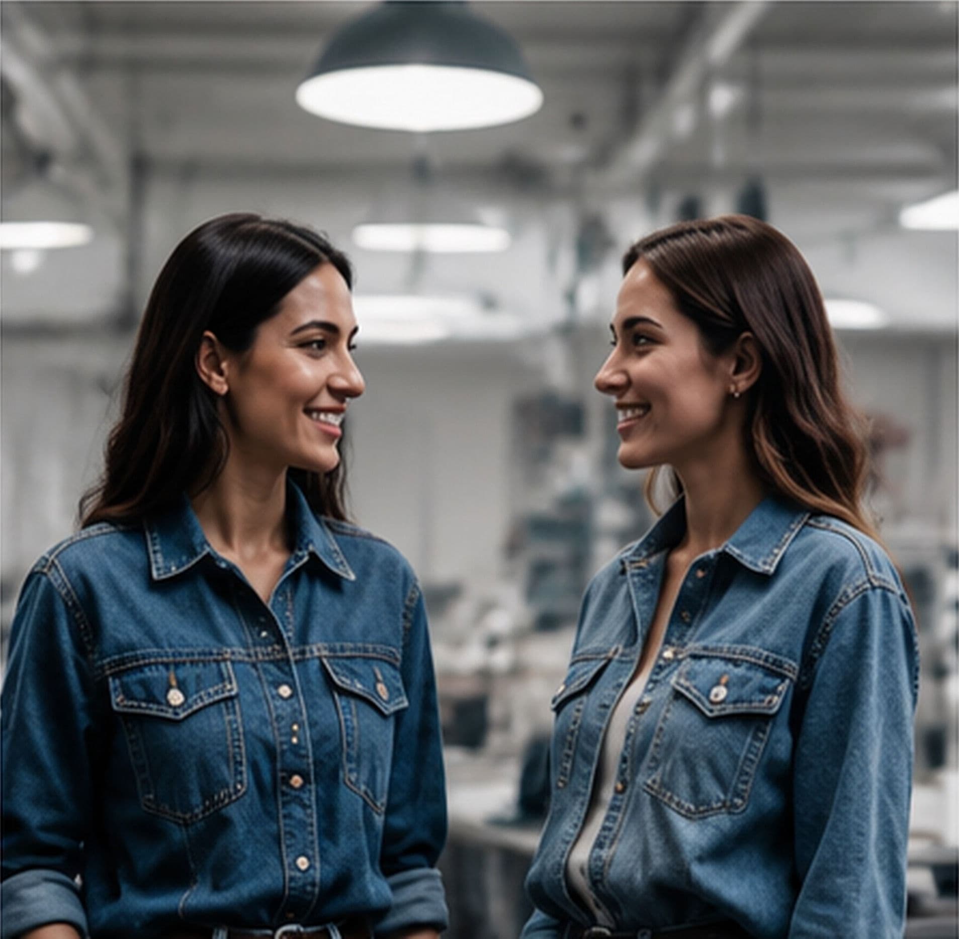 Two women in denim shirts smiling and talking inside a garment workshop.
