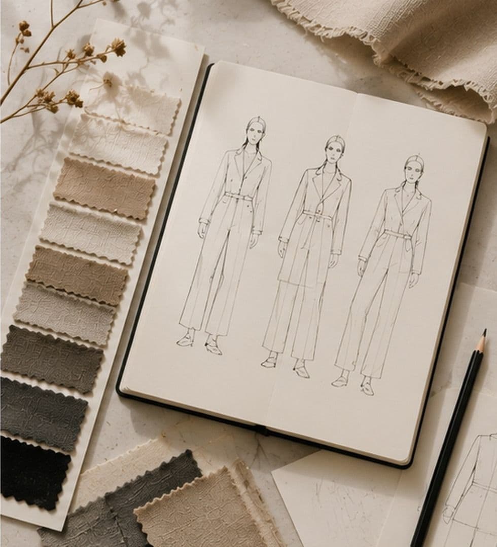 An open sketchbook with fashion croquis sketches beside a row of fabric swatches and a dried floral branch.