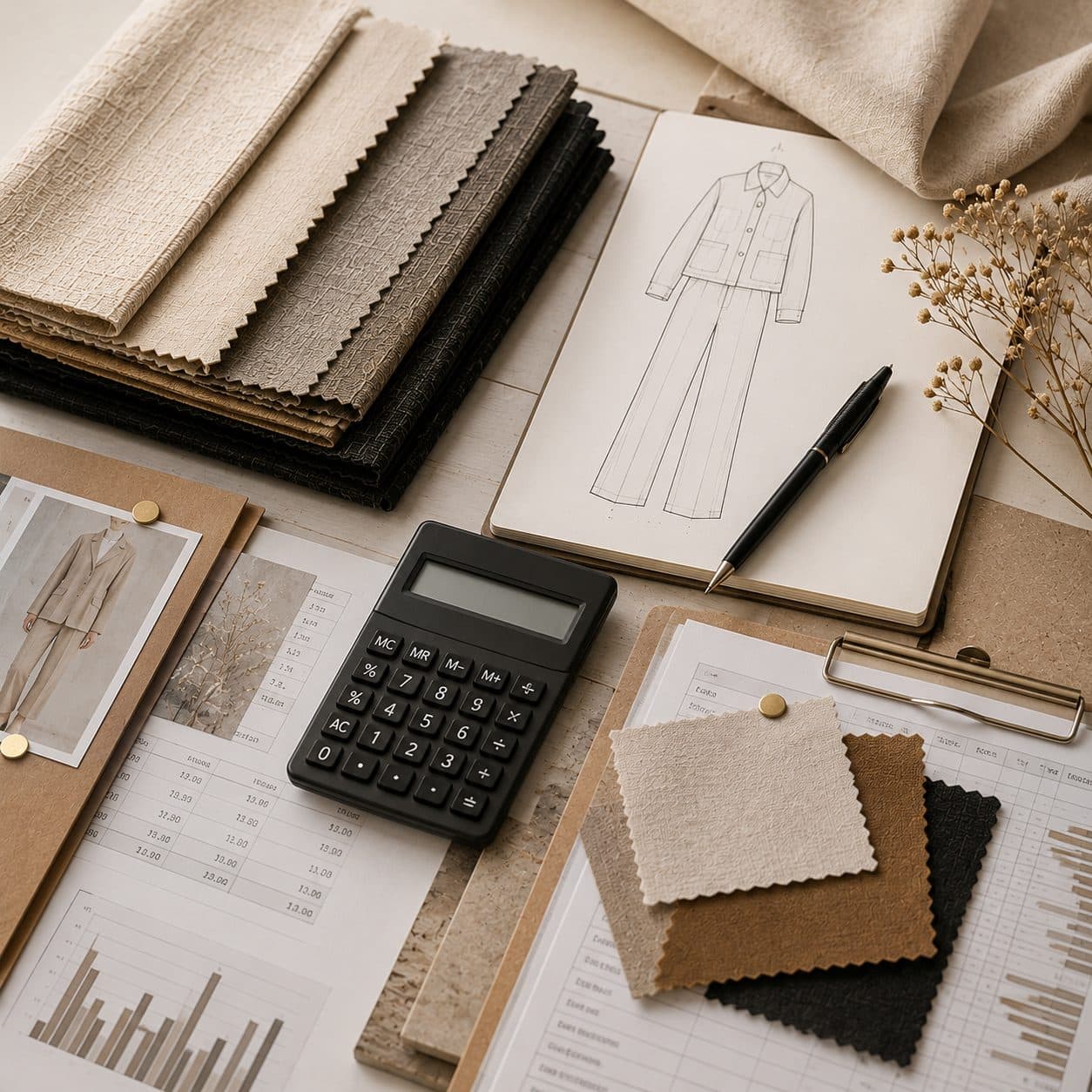 A calculator and cost spreadsheet beside a garment sketch and fabric swatches, with a styled reference photo pinned nearby.