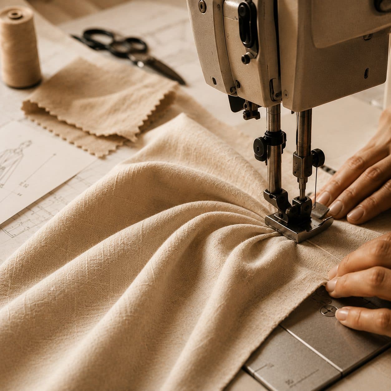 Close-up of hands guiding folded linen fabric through a sewing machine, with a spool of thread and fabric swatches on the table beside it.