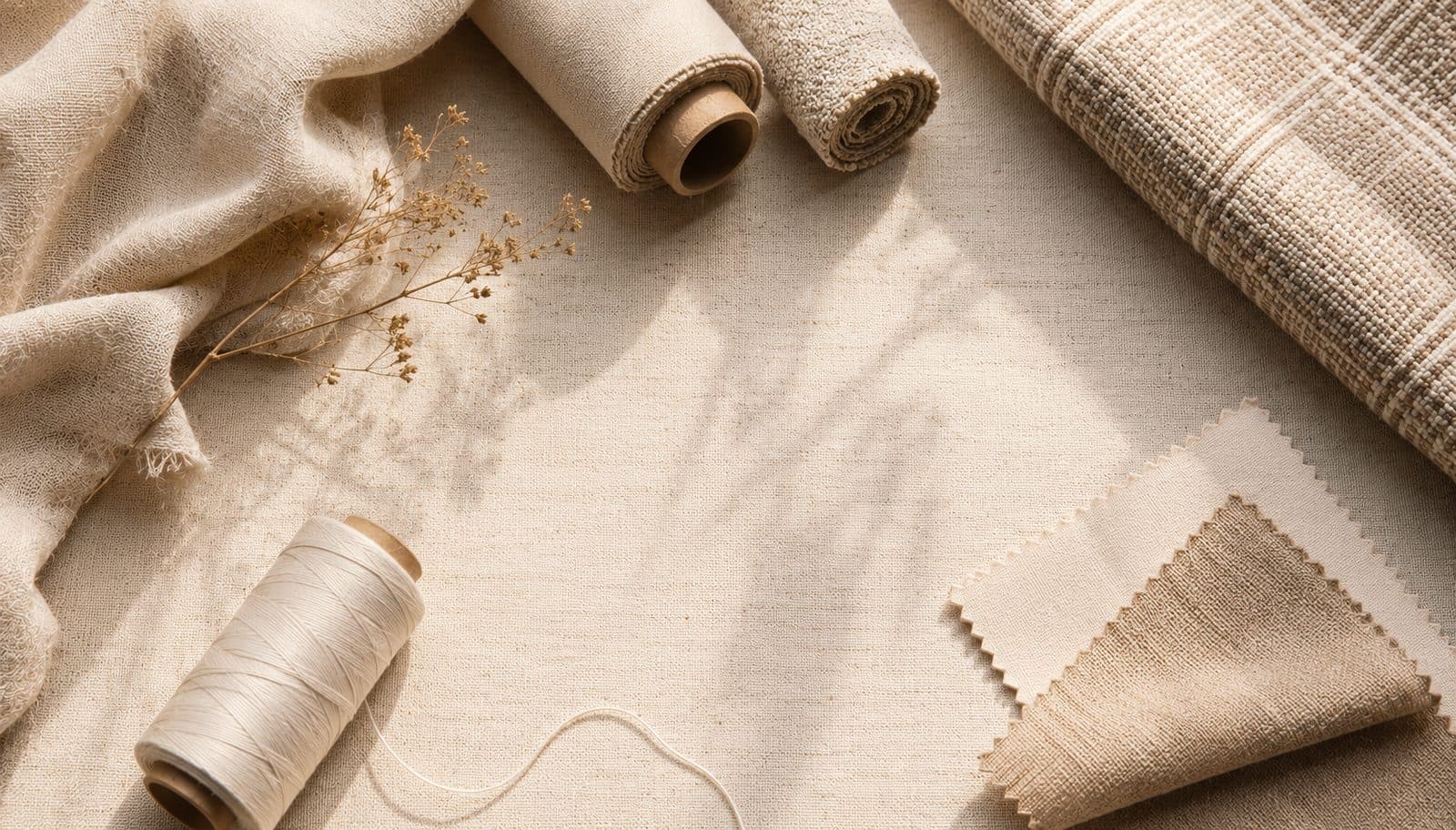 Rolled linen fabric bolts, a dried flower sprig, a spool of thread, and folded fabric swatches arranged on a woven linen surface with soft leaf-shadow patterning.