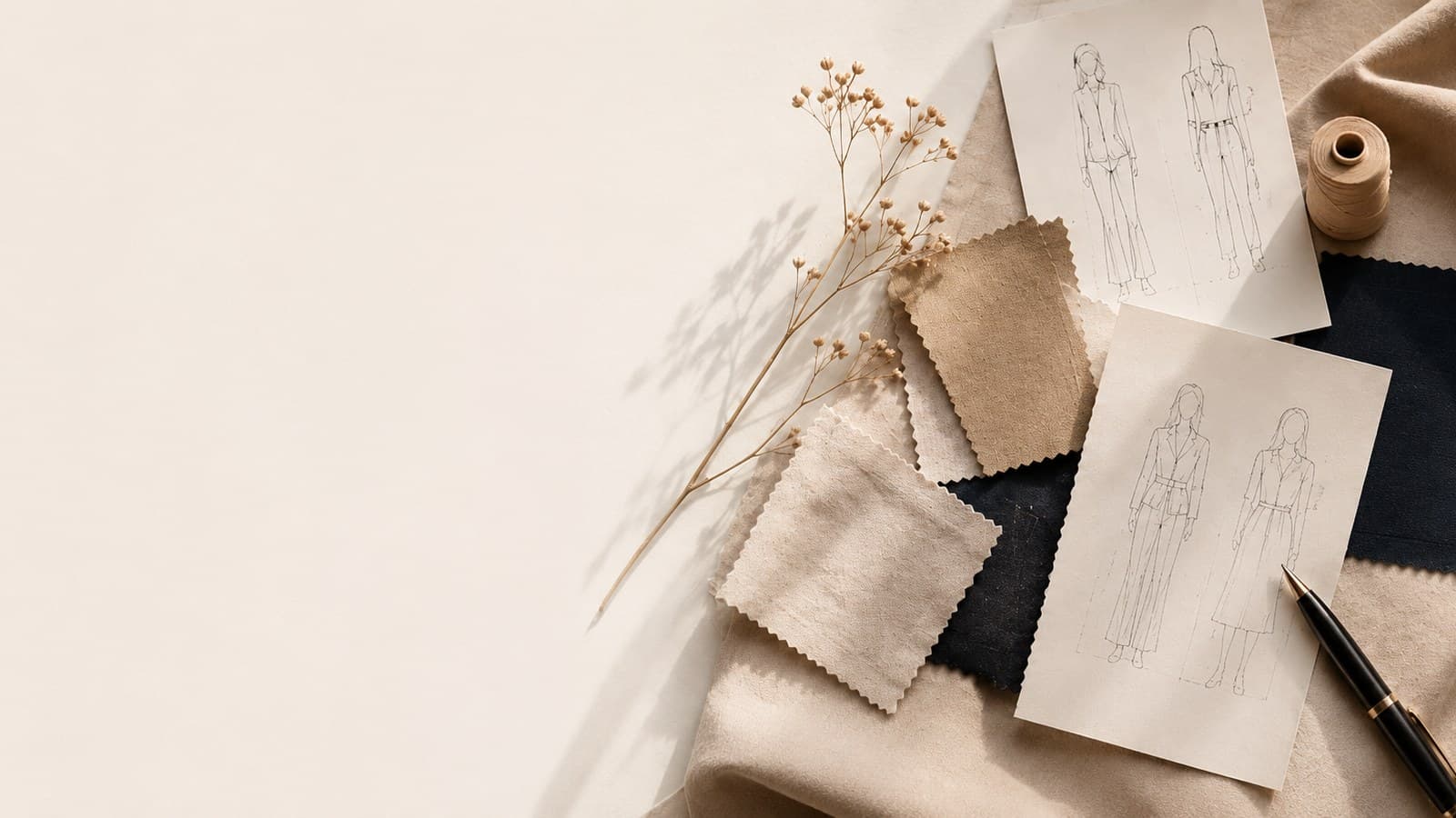 A dried flower branch, hand-drawn fashion sketches, fabric swatches, and a fountain pen arranged on a plain work surface.