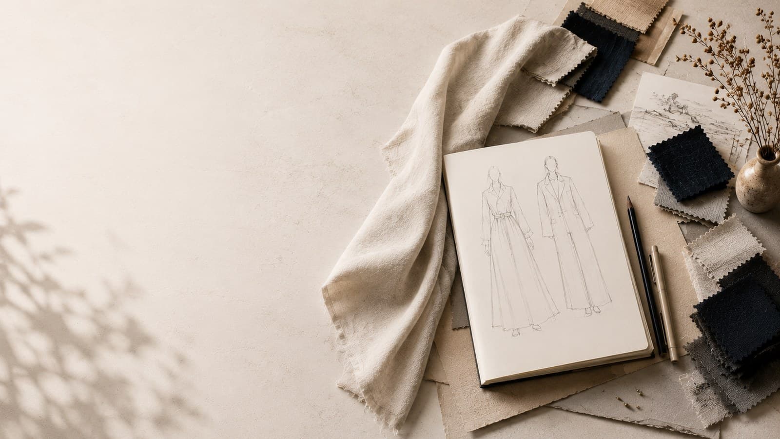 Fashion sketchbook with garment drawings on a table beside a folded linen fabric, mood-board clippings, and pattern swatches.
