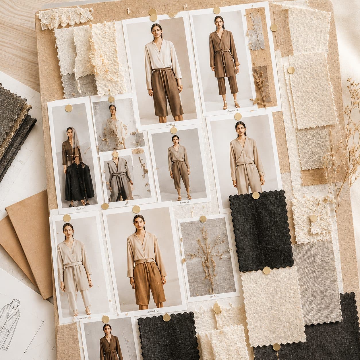 A mood board of the same garment styled in multiple colorways and fabrics, pinned alongside coordinating fabric swatches.