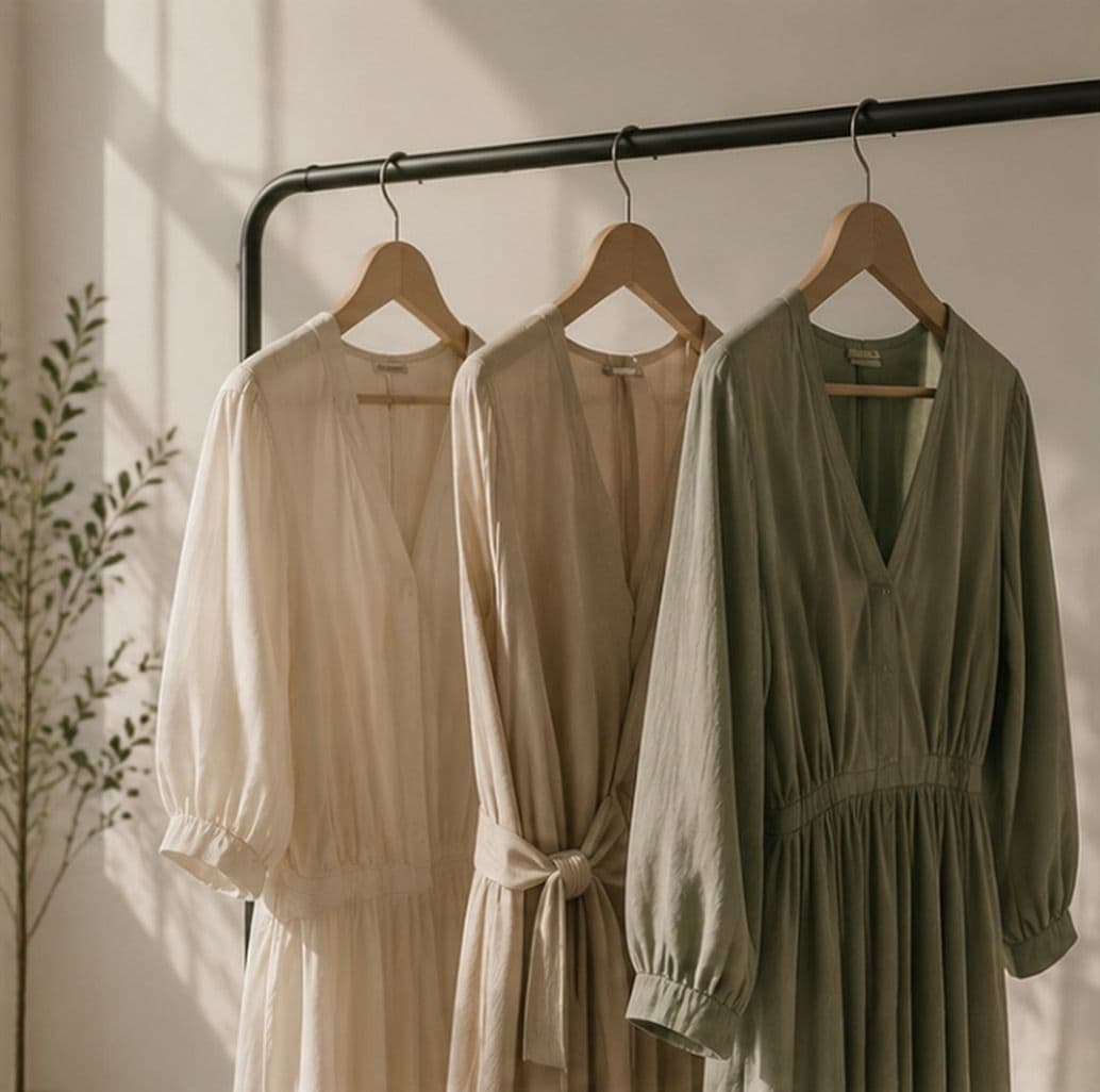 Three flowing dresses in cream, tan and sage green hanging on a clothing rail.