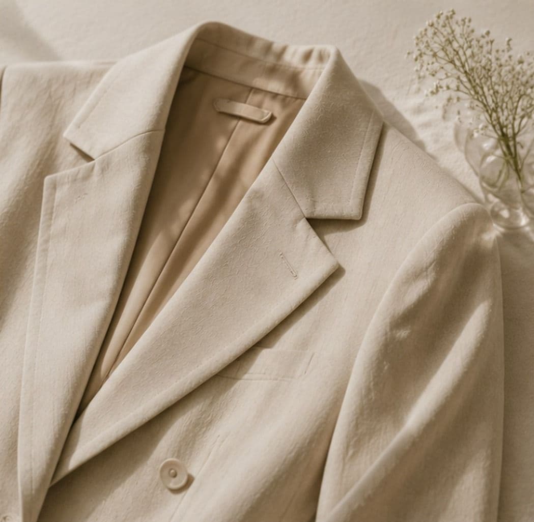 Close-up of a tailored beige blazer's lapel and collar detail against a plain wall, with a small floral arrangement beside it.
