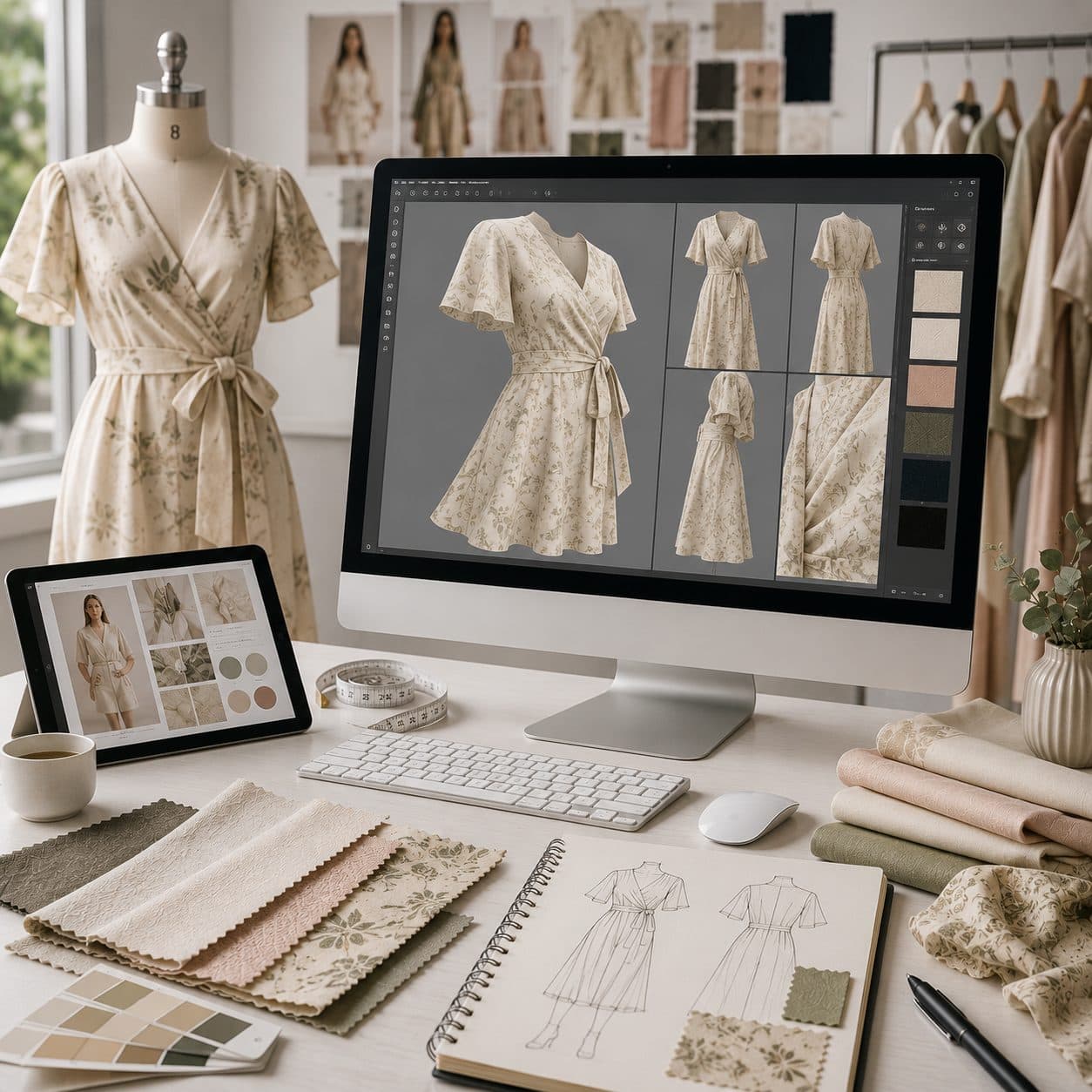 A designer's monitor displaying AI-generated 3D renders of a floral wrap dress from multiple angles, beside the physical dress on a mannequin and fabric swatches on the desk.