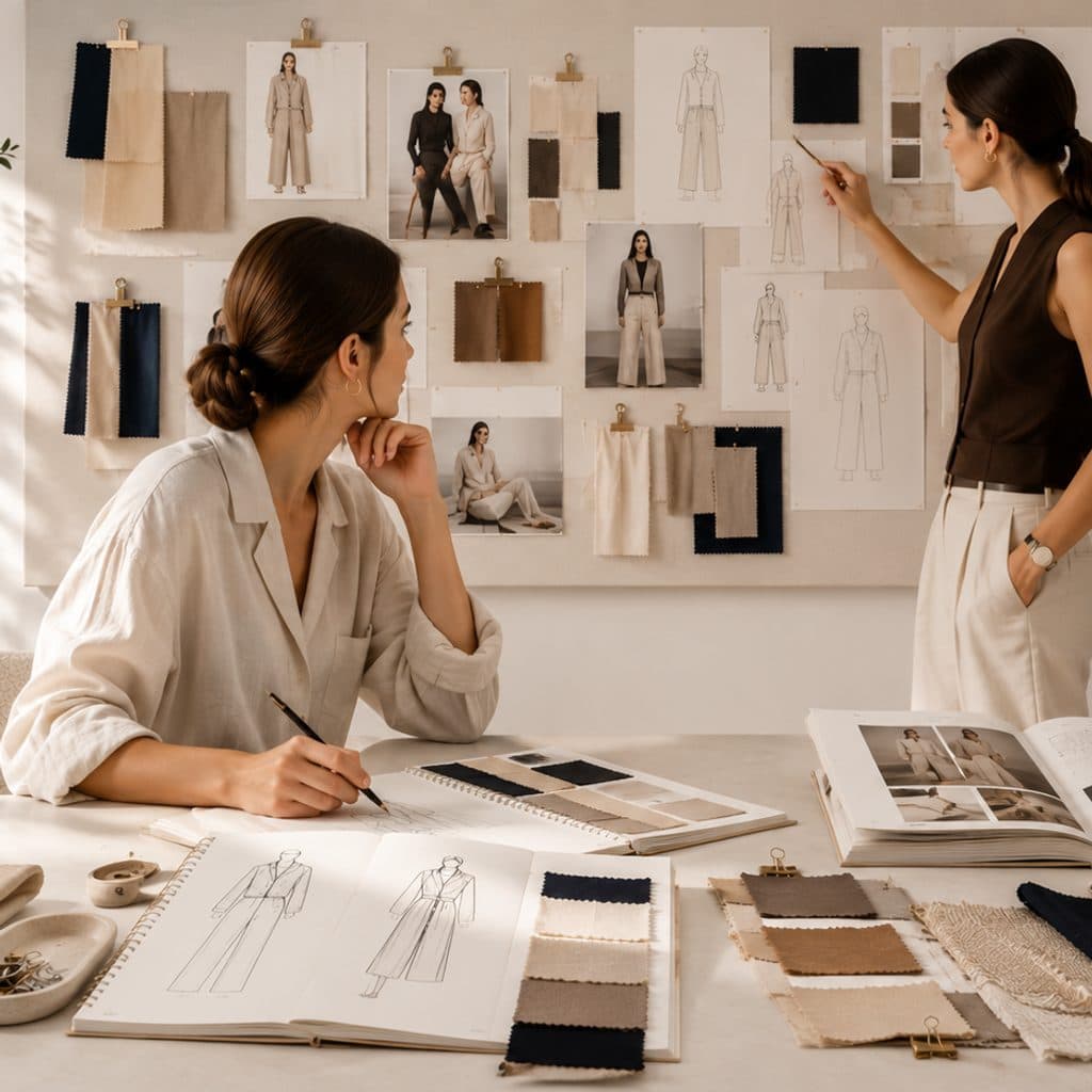 Two designers in a sunlit studio: one seated at a desk sketching a garment beside fabric swatches, the other standing and pointing at a mood board of fashion photography, technical drawings, and fabric swatches.