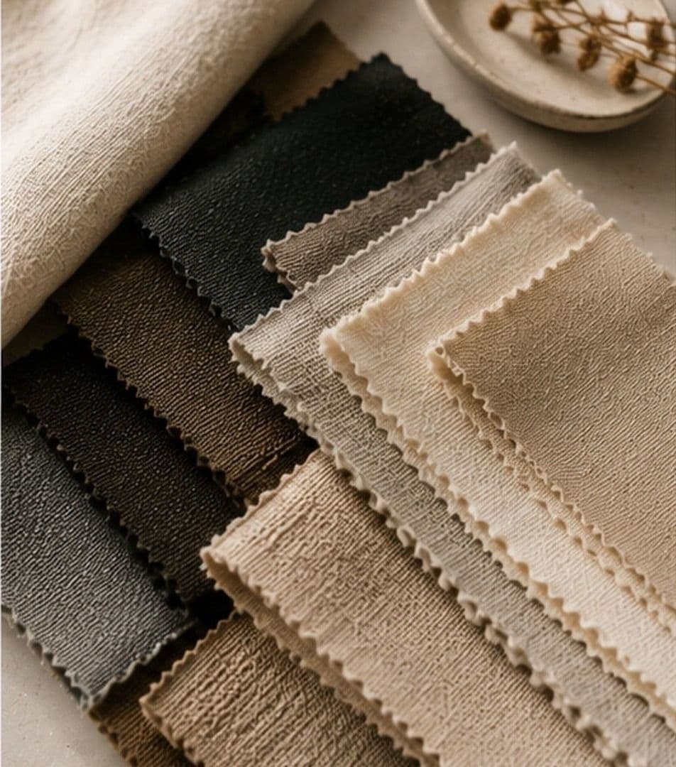 A folded stack of fabric swatches in black, brown and beige tones fanned out on a table.