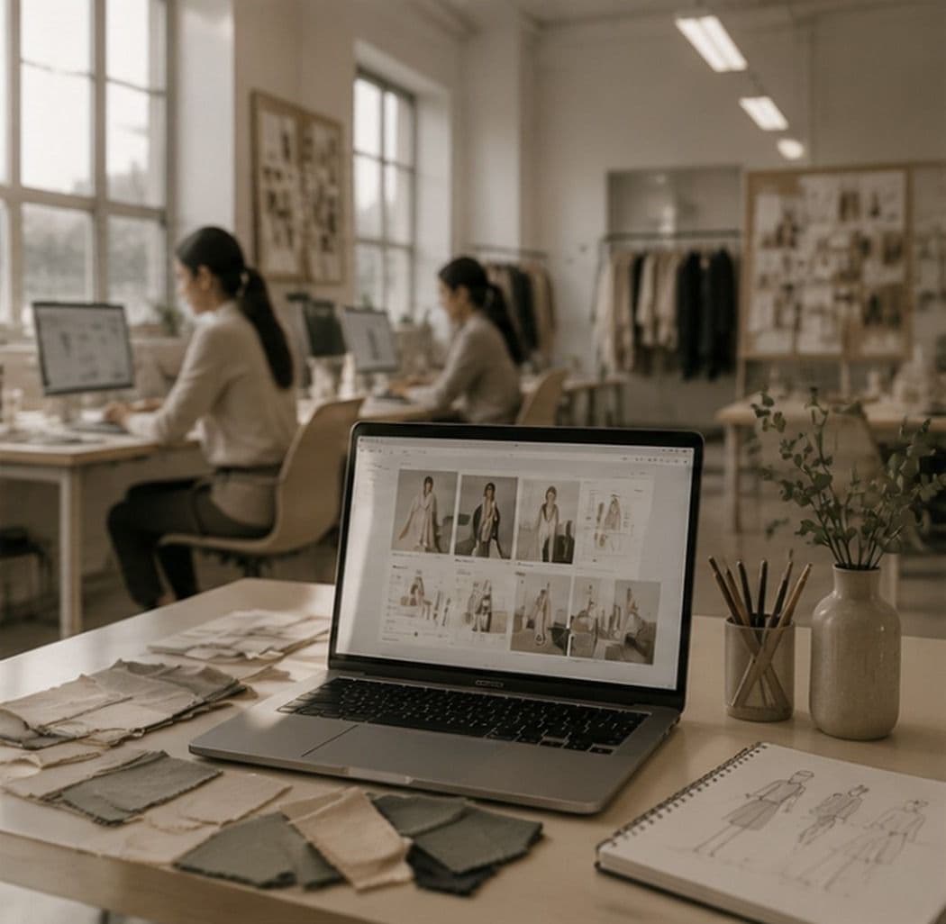 A design studio with team members working at computers, a laptop displaying a fashion mood board, fabric swatches and a sketchbook in the foreground.