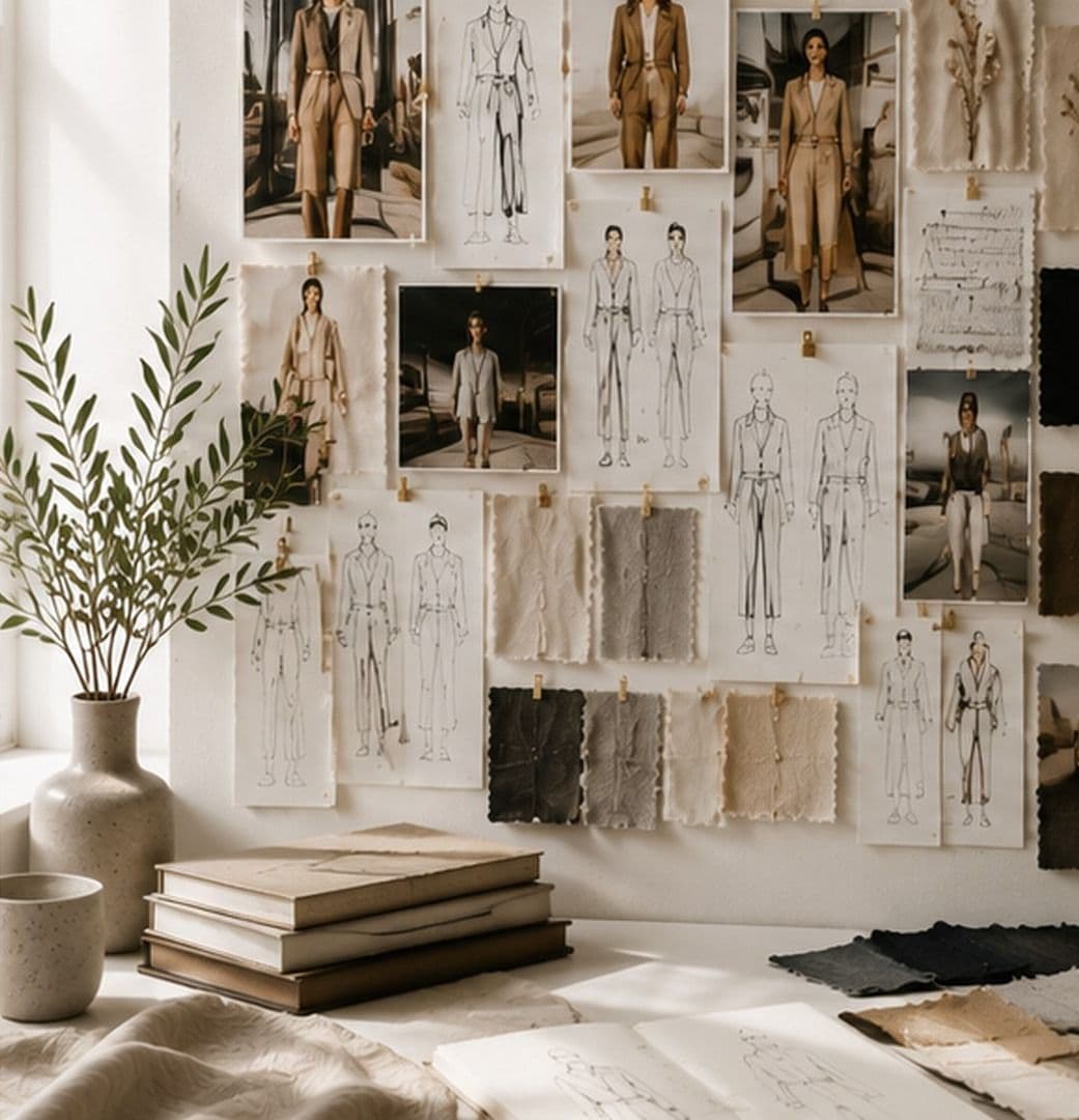A mood board of fashion photography, technical sketches and fabric swatches pinned to a studio wall.